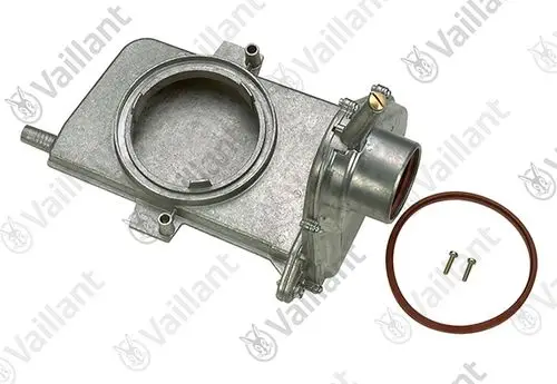 Vaillant Abgasstutzen aus Metall mit mehreren Anschlüssen, einer Dichtung und zwei Schrauben.